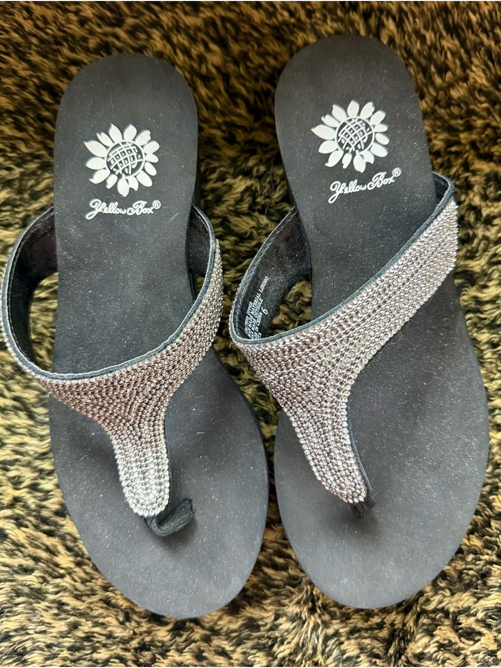 Reduced! Yellow Box Black Rhinestone T-Strap Sandals